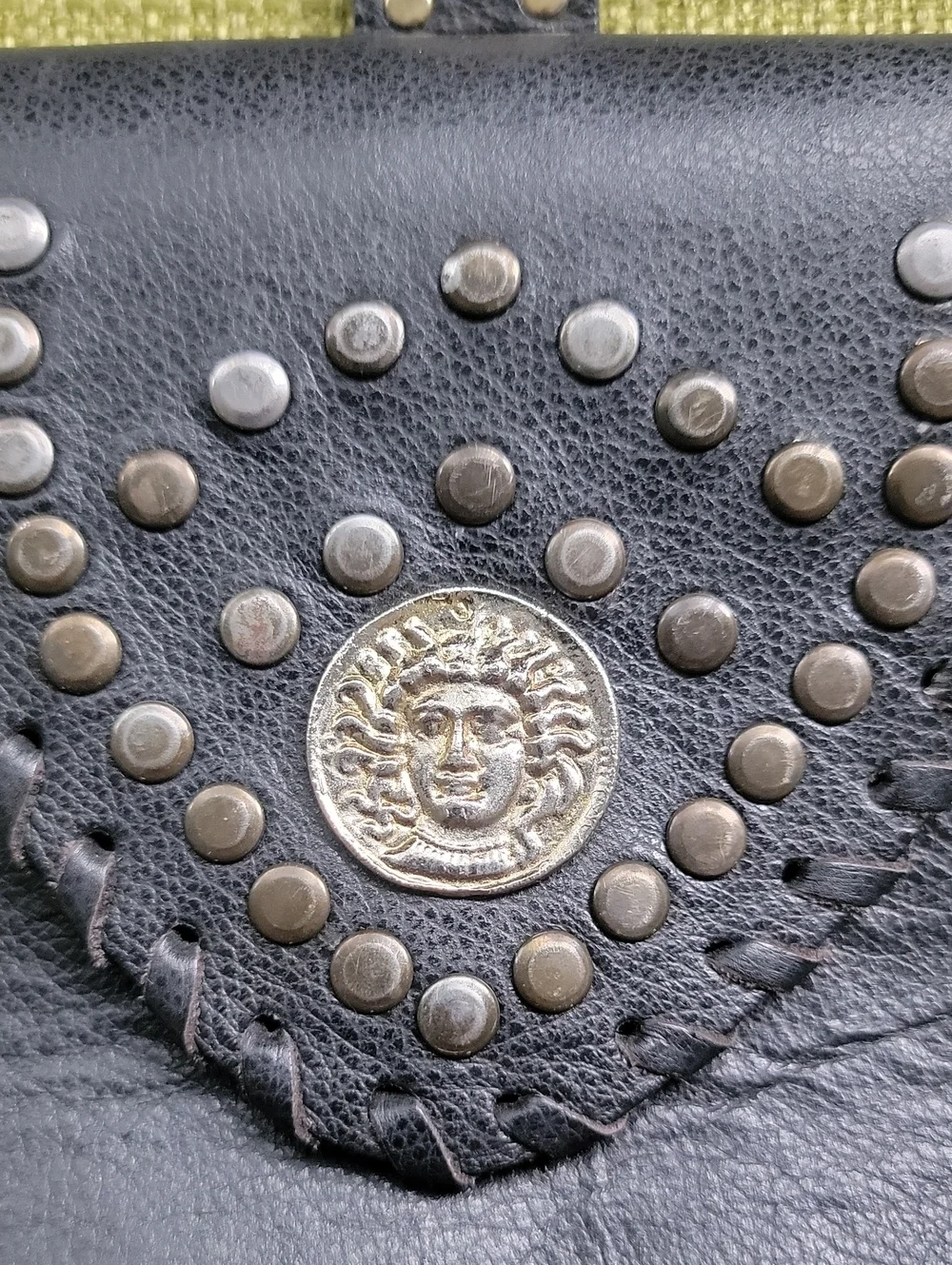 Leatherock Black Leather Studded Belt Pouch with Gold Medallion